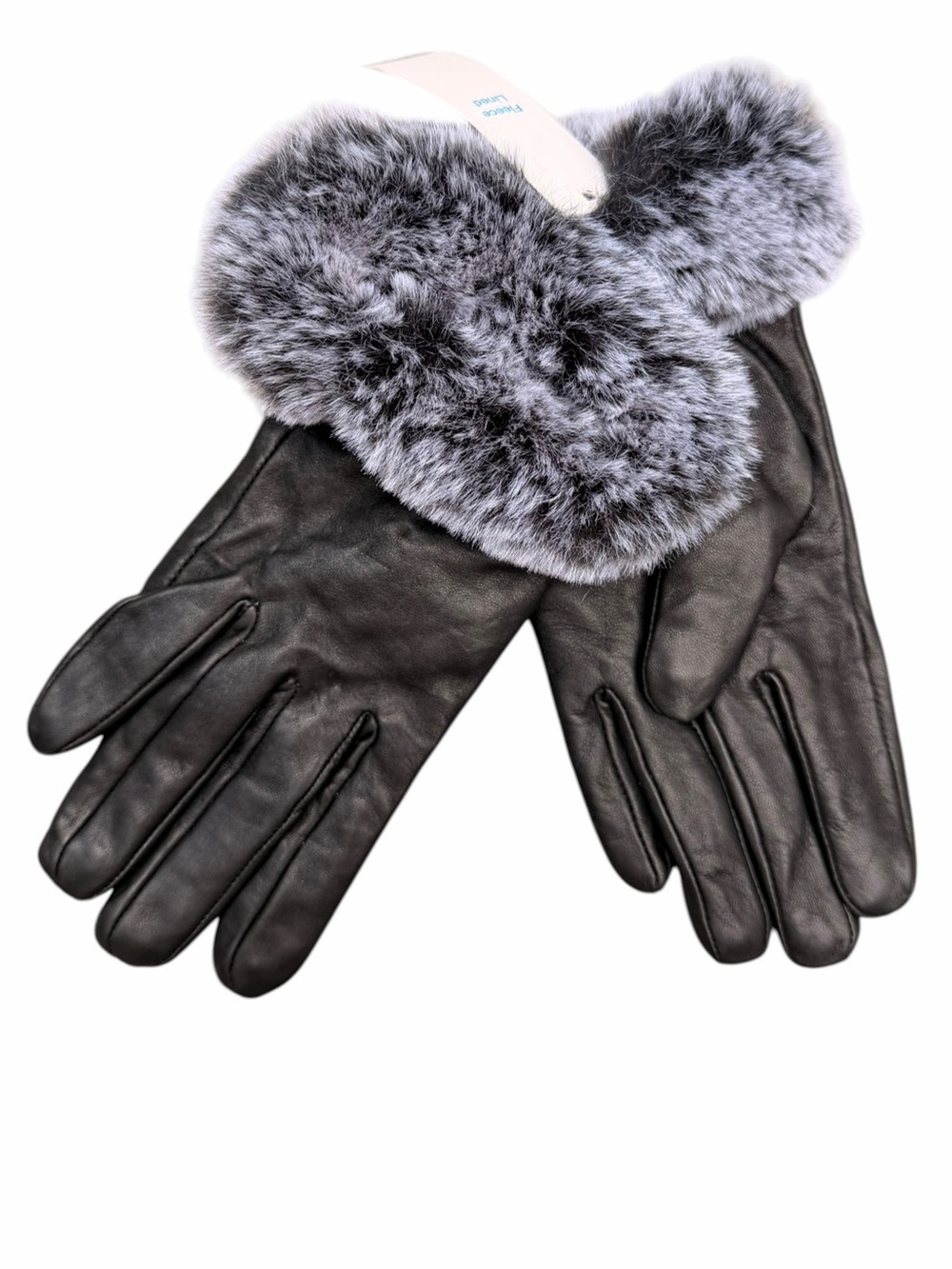 Women’s L / XL Black Leather Gloves with Gray Faux Fur Cuffs Fleece Lined NEW